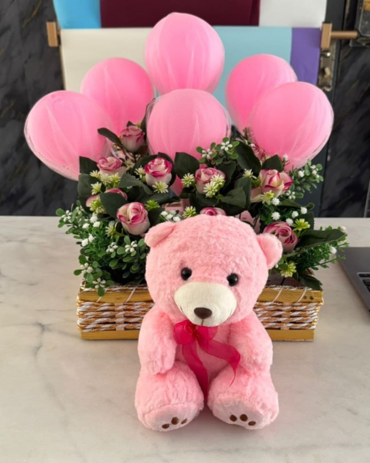 Blush Tulle Teddy Celebration Basket fresh flower bouquet by Phool Pattiyan Lahore