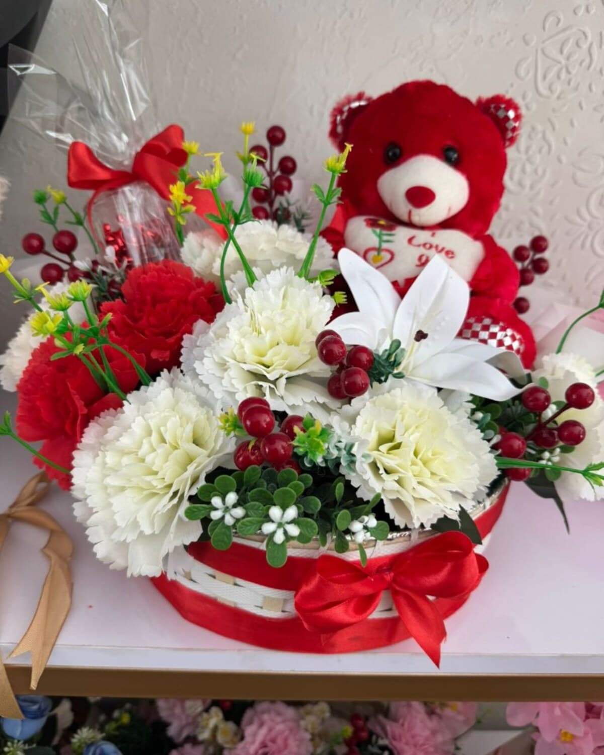 Crimson Love Teddy Basket fresh flower bouquet by Phool Pattiyan Lahore