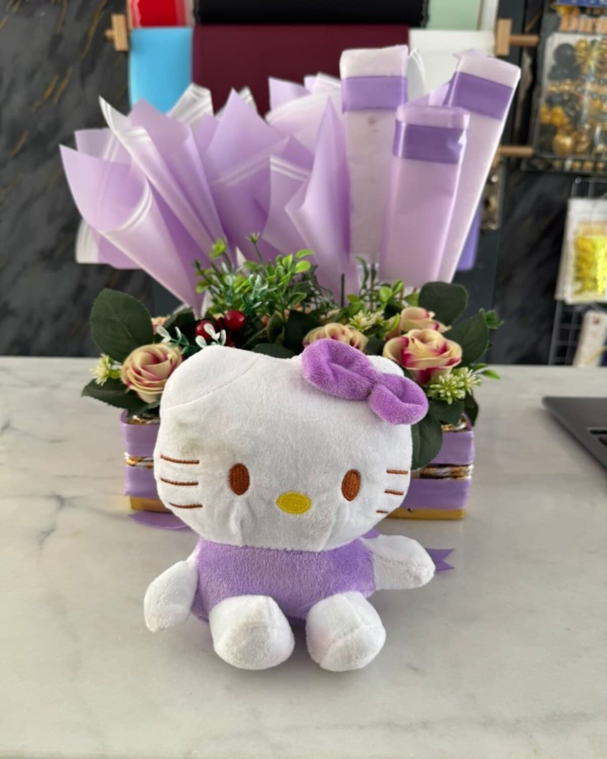 Hello Kitty Lavender Treat Basket fresh flower bouquet by Phool Pattiyan Lahore
