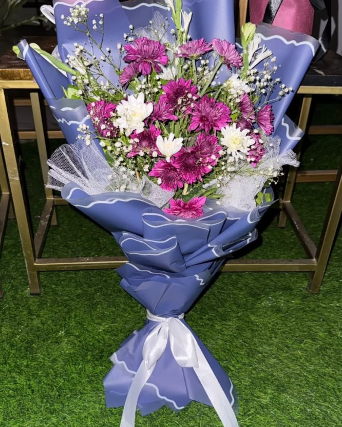 Magenta Chrysanthemum Periwinkle Wrap fresh flower bouquet by Phool Pattiyan Lahore
