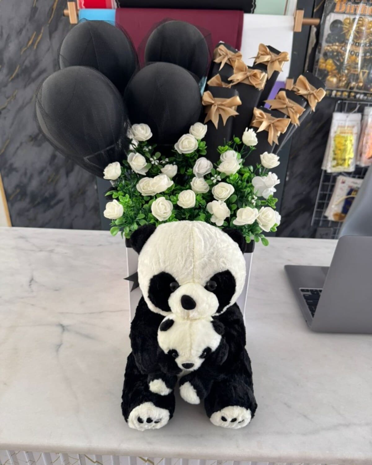 Monochrome Panda Luxe Basket fresh flower bouquet by Phool Pattiyan Lahore