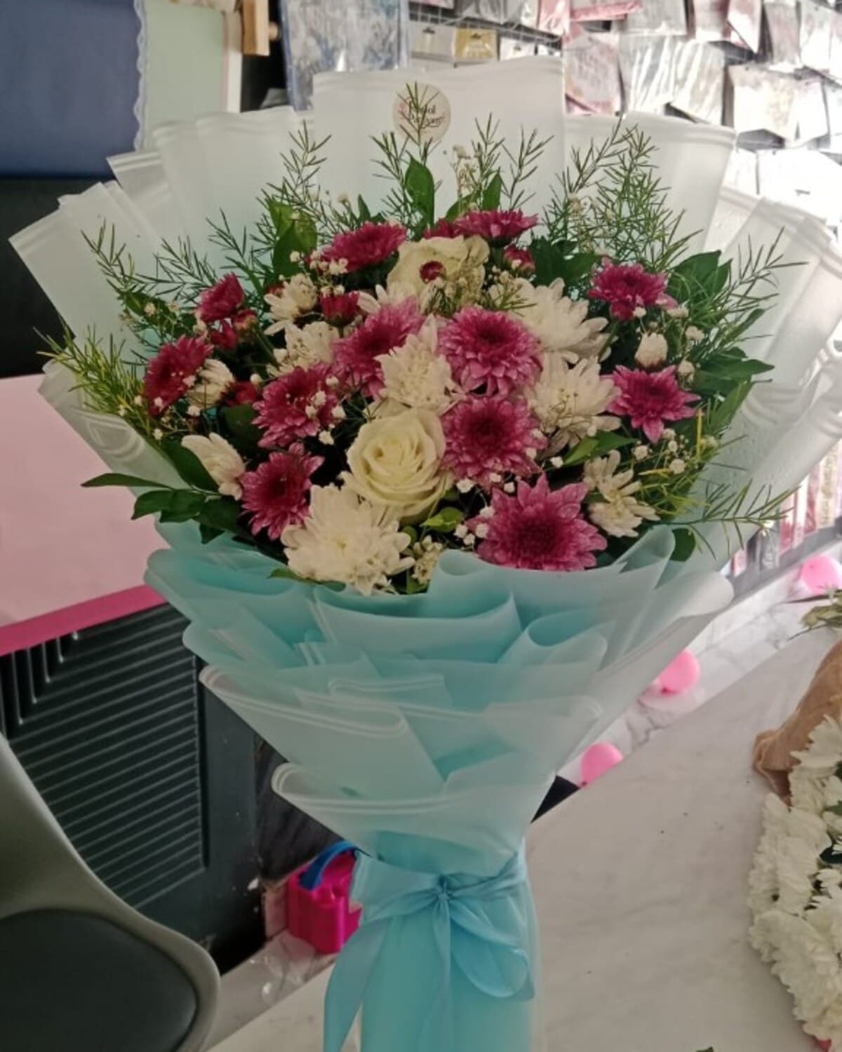 Sky Blue Blush Chrysanthemum Bouquet fresh flower bouquet by Phool Pattiyan Lahore