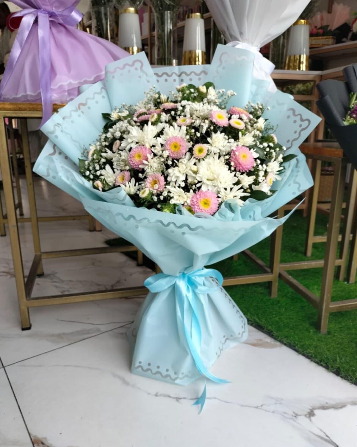 Sky Blue Daisy Meadow Bouquet fresh flower bouquet by Phool Pattiyan Lahore