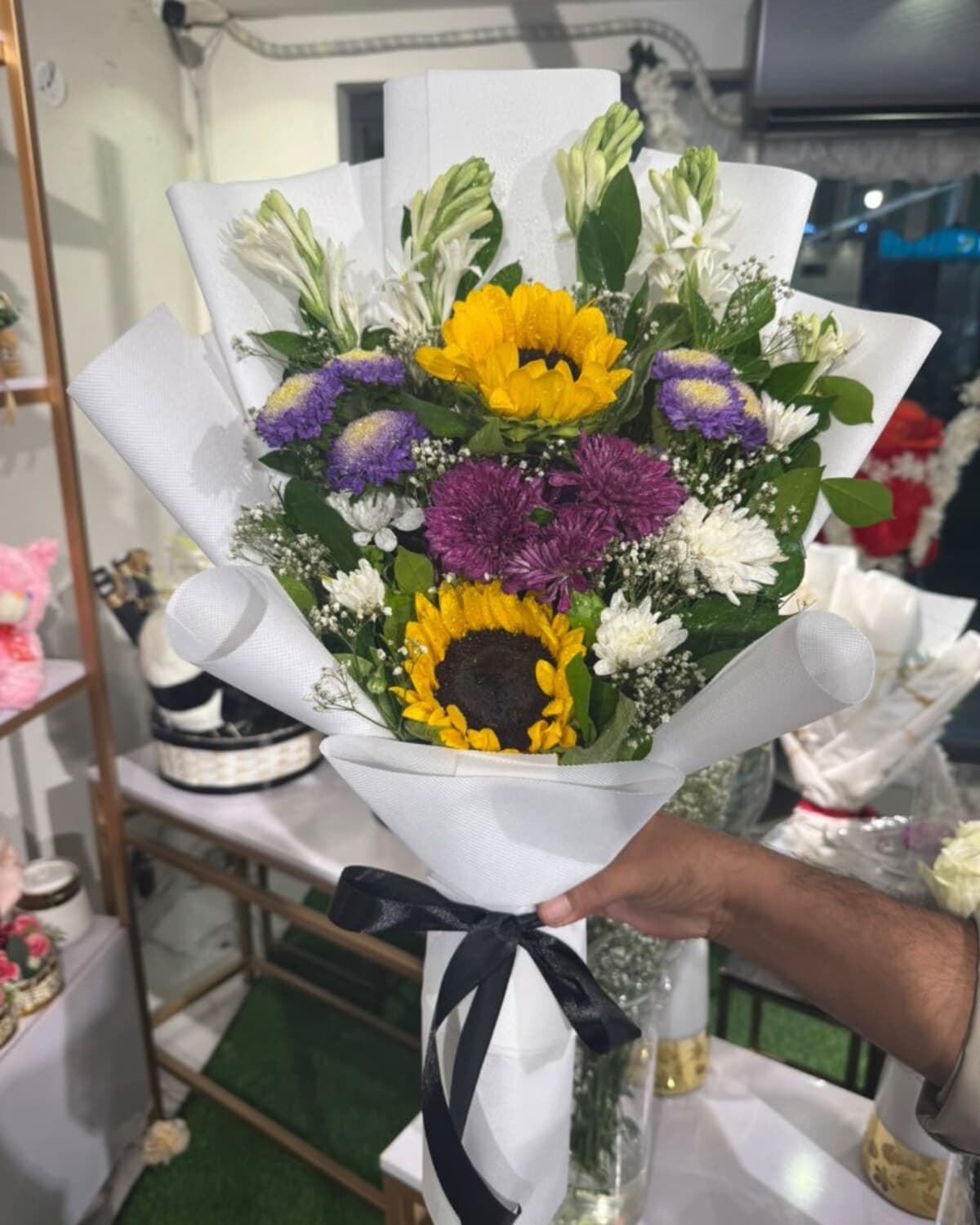 Sunflower Purple White Honeycomb Bouquet fresh flower bouquet by Phool Pattiyan Lahore
