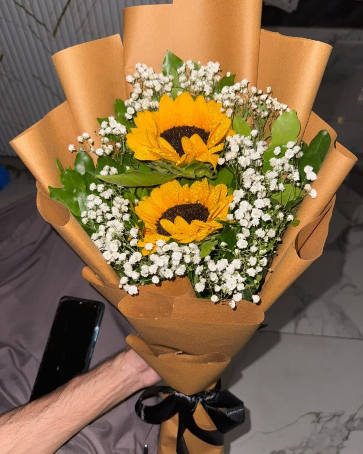 Twin Sunflower Black Ribbon Bouquet fresh flower bouquet by Phool Pattiyan Lahore