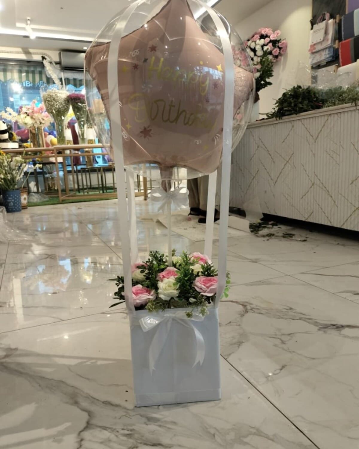 White Birthday Hot Air Balloon Gift Box fresh flower bouquet by Phool Pattiyan Lahore