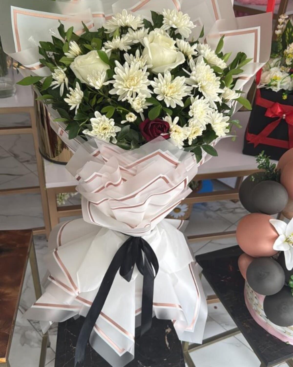 White Imported Rose Chrysanthemum Bouquet fresh flower bouquet by Phool Pattiyan Lahore