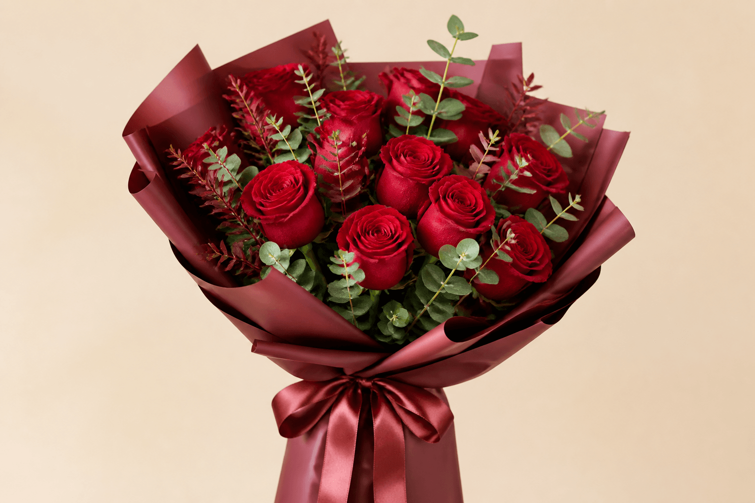 Hand-tied red rose bouquet with premium wrapping